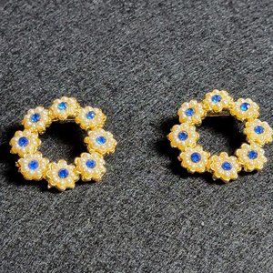 Two Pin Set Gold Tone With Faux Pearls And Blue Stones